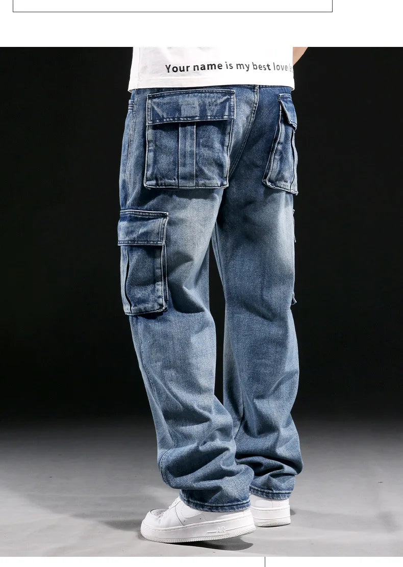 New Men's Fashion Multiple Pockets Loose Jeans Casual Denim Straight Pants Male Hip Hop Wide Leg Cargo Trousers Streetwear