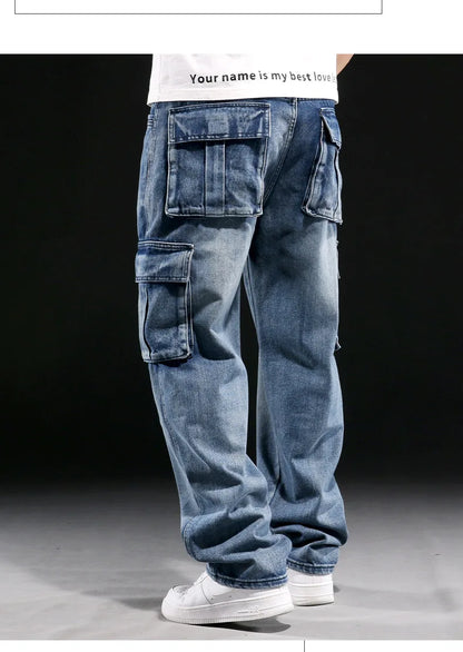 New Men's Fashion Multiple Pockets Loose Jeans Casual Denim Straight Pants Male Hip Hop Wide Leg Cargo Trousers Streetwear