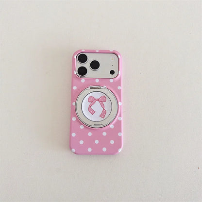 Pink Polka Dot Bow Phone Case For iPhone 17 16 15 Pro Max Cute Soft Shockproof Cover With 360°  Ring Stand Camera Protect