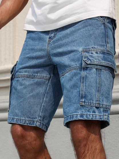 Men's Summer Workwear Denim Shorts, Blue Multi-Pocket Style. Stylish and Casual, Suitable for Streetwear.