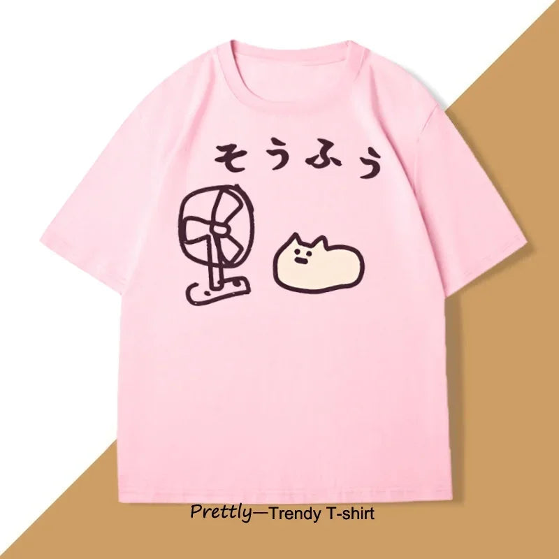 Cool Japanese Style Fan Cat T-shirt Women Funny Short Sleeve Tshirt Graphic T Shirts Summer Streetwear Pritned Tees