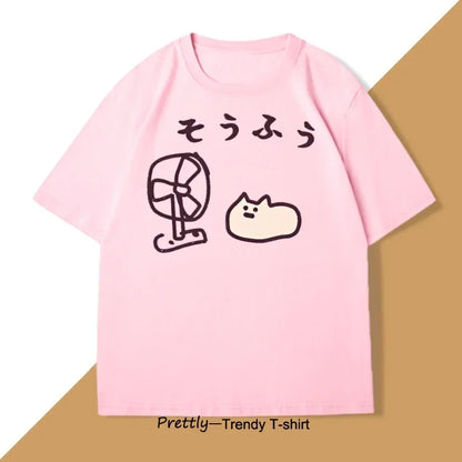 Cool Japanese Style Fan Cat T-shirt Women Funny Short Sleeve Tshirt Graphic T Shirts Summer Streetwear Pritned Tees