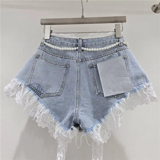 American Crochet Lace Denim Shorts With Pearl Sashes Summer Casual Fashion Women's Sweet Lace Patchwork Fringed Hot Jeans