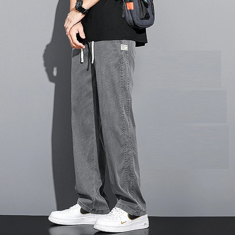 Summer Soft Lyocell Fabric Men's Jeans Thin Loose Straight Pants Drawstring Elastic Waist Korea Casual Trousers Plus Size M-5XL