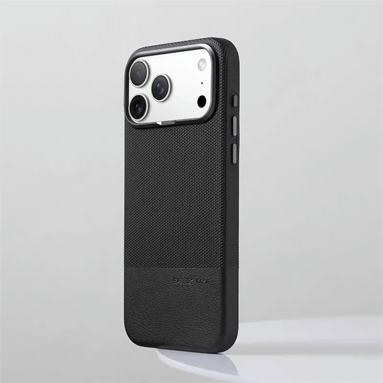 For Magsafe Fine Grained Leather Case For iPhone 17 Pro Max Ari 16 15 14 13 Metal Lens Frame Wireless Charge Accessories Cover