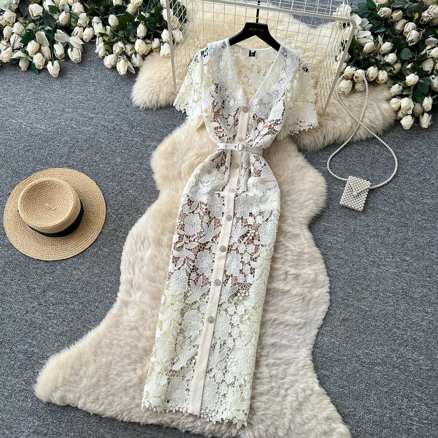 Classy Vintage Flower Lace Dress Office Lady Hollow Out Sashes Short Sleeve Bodycon French Senior Straight Long Dress