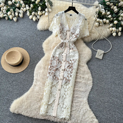 Classy Vintage Flower Lace Dress Office Lady Hollow Out Sashes Short Sleeve Bodycon French Senior Straight Long Dress