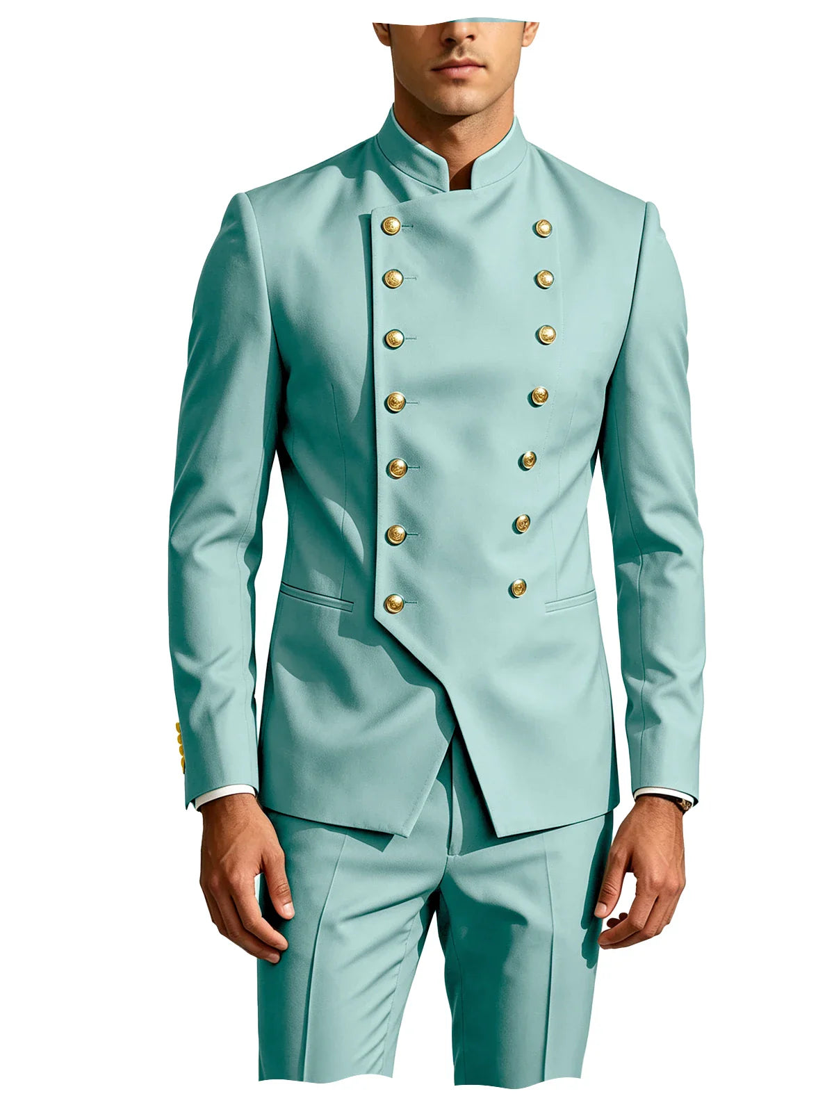 Men's Double Breasted Stand Collor Suit 2 Pieces Blazer Pants Set Slim Fit Business Casual Suit Jacket Formal Wedding Tuxedo