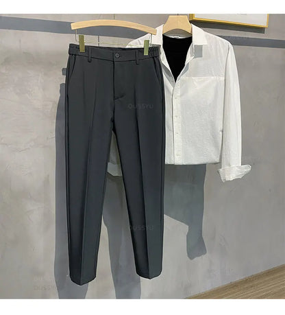 Summer Men's Casual Pants Suit Pant Slim Fit Work Elastic Waist Thin Jogging Business Trousers Male Black Grey Plus Size 40
