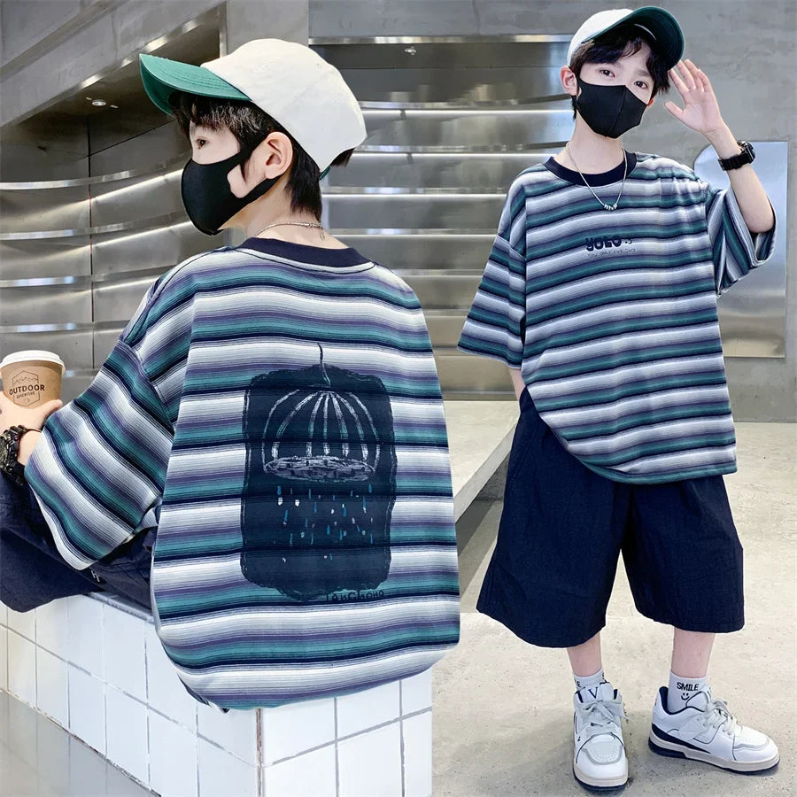 2026 Children Summer Clothes Set for Teen Boy Cotton Striped T-Shirt Shorts Two Pieces Outfit Suit Kids Clothing 5 7 9 11 13 14Y