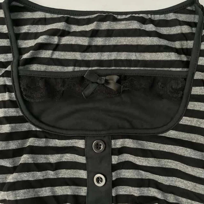 Gothic Harajuku Y2K Women's Crop Top Casual Slim Fit Striped Lace Bow Button Design Short Sleeve T-Shirt Chic Trendy Streetwear