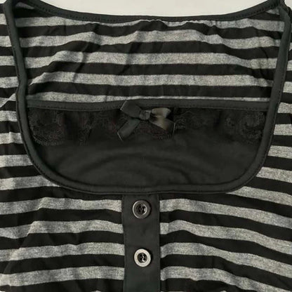 Gothic Harajuku Y2K Women's Crop Top Casual Slim Fit Striped Lace Bow Button Design Short Sleeve T-Shirt Chic Trendy Streetwear