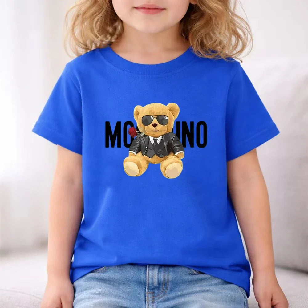 Fashion Letter Bear Print Children Summer Clothing Tshirt+Shorts Black Boy Girl Red Toddler 3-12Yrs Leisure Short-Sleeved Set