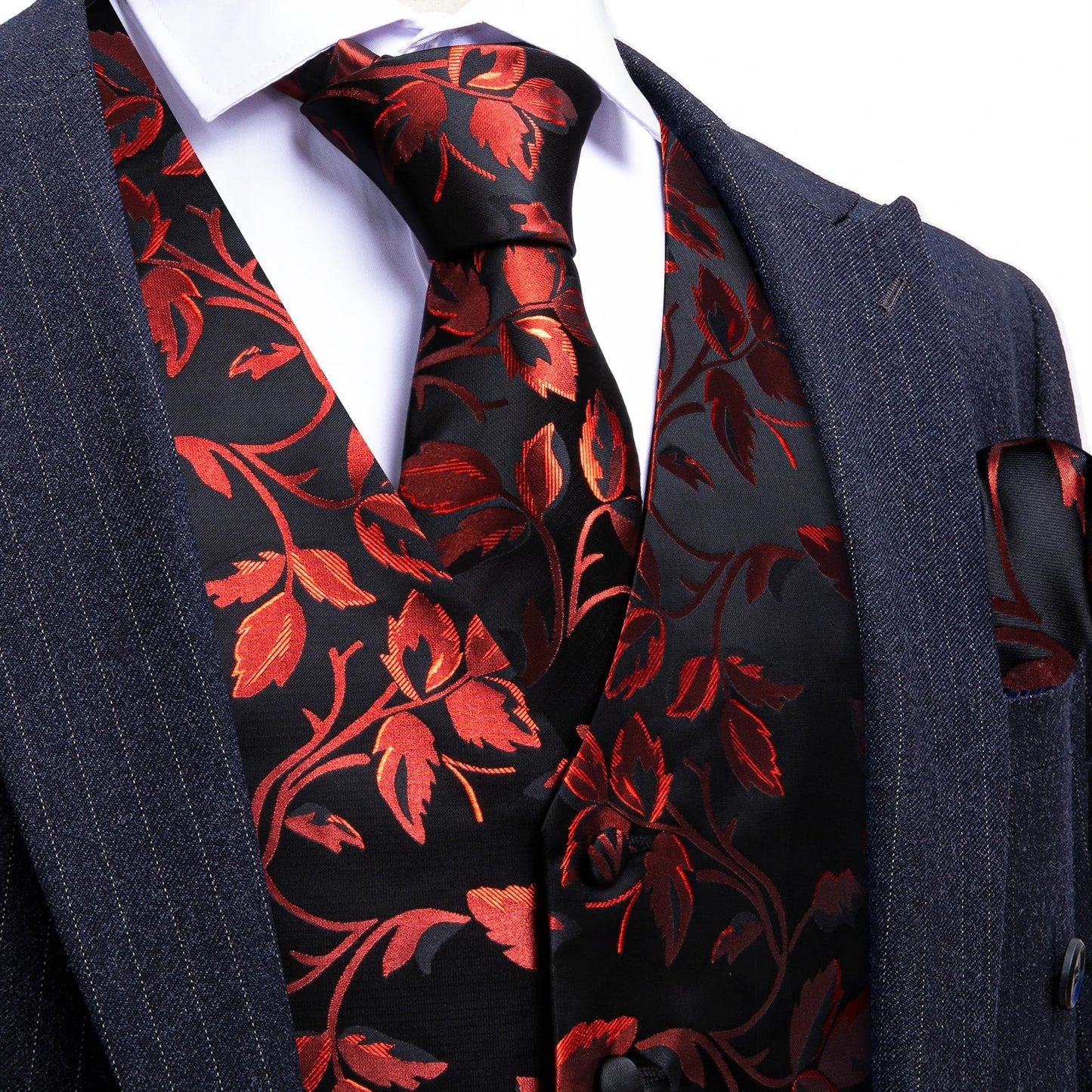 Men's Elegant Floral Vest & Tie Hanky Cufflinks Set – Formal Wine Green Blue Waistcoat for Weddings Events Party Gift