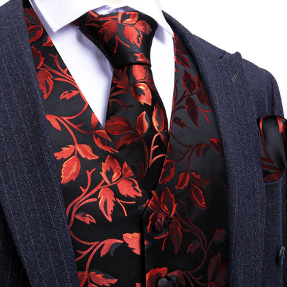 Men's Elegant Floral Vest & Tie Hanky Cufflinks Set – Formal Wine Green Blue Waistcoat for Weddings Events Party Gift