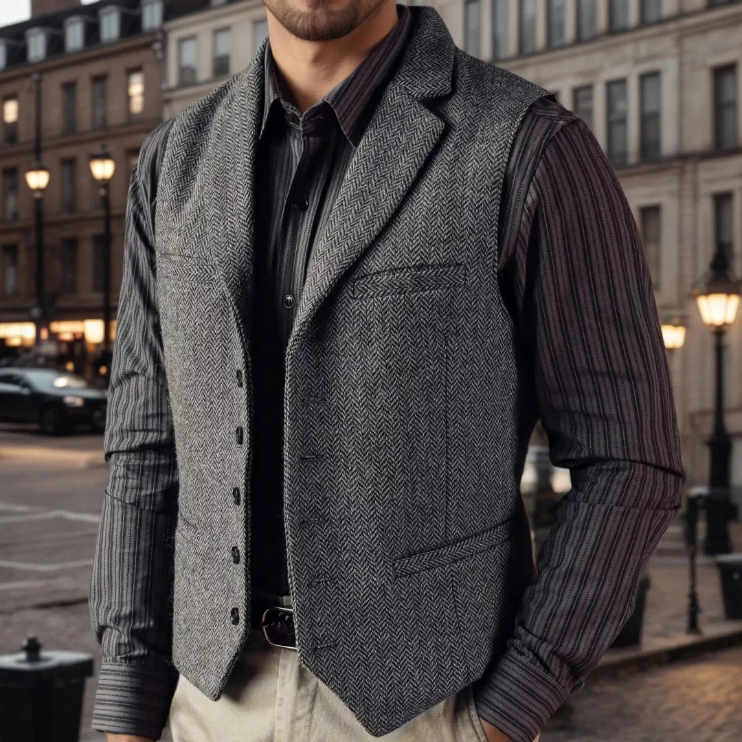 Men Vest Gray Herringbone Single Button With Lapel Waistcoat For Wedding Birthday Banquet Business Work Office Men Suit Vest
