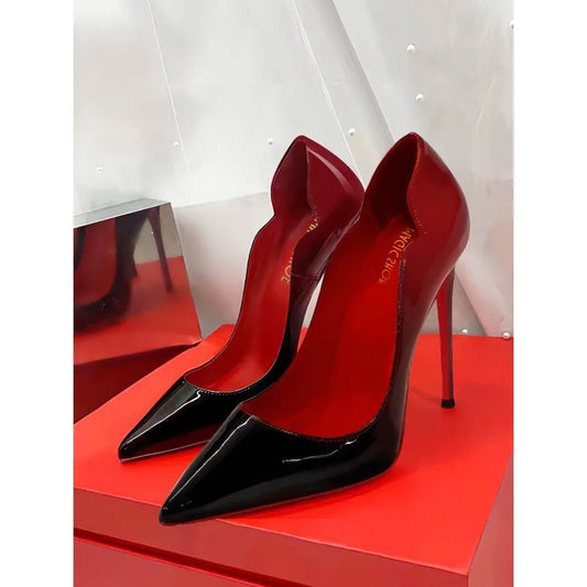 Curved edge shallow mouth gradient red12cm high heels for women,ultra-fine heels,temperament plus size professional single shoes