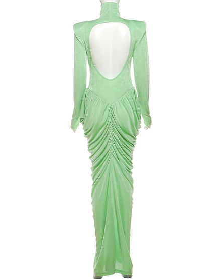 Autumn New Style Maxi Dress Women Turtleneck Full Sleeve Backless Skinny Stretch  Prom Party Ruched Elegant Vestidos