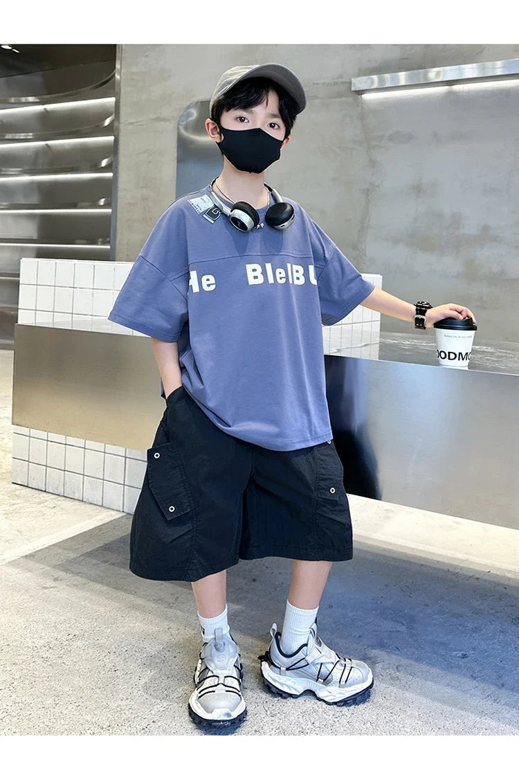 New Casual Boys Top and Bottom Clothes Set Summer Suit for Tween Children Clothing Kids Teenager Shorts Sleeve Tshirt Shorts Set