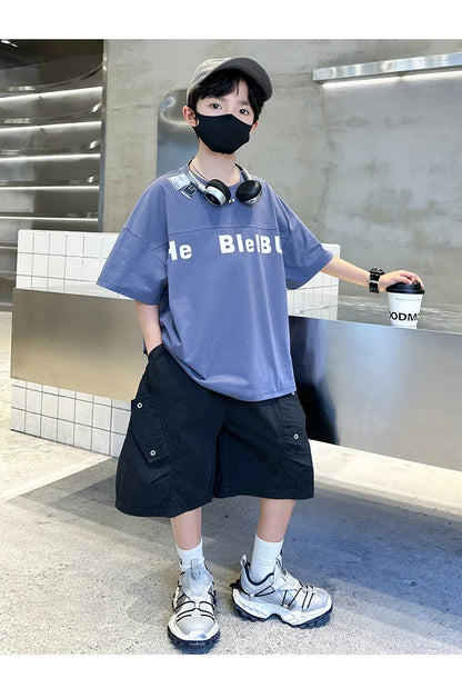 New Casual Boys Top and Bottom Clothes Set Summer Suit for Tween Children Clothing Kids Teenager Shorts Sleeve Tshirt Shorts Set