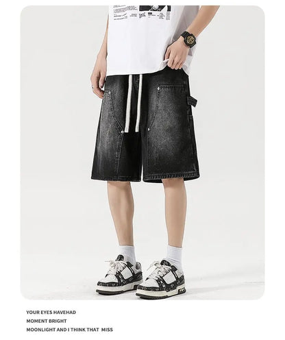 Men's Baggy Cargo Shorts Summer New Fashion Drawstring Straight Casual Jeans Streetwear Pocket Splicing Male Short Pants