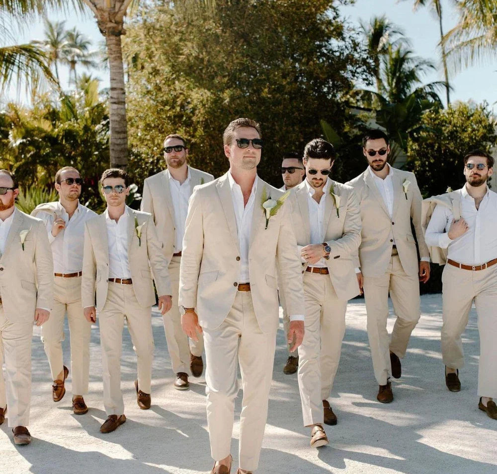 Beige Linen Wedding Suits for Groomsmen 2 Pieces Summer Men Suits Lightweight Breathable Blazer Pants Set Slim Fit Formal Outfit