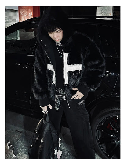 Winter Short Cool Warm Soft Hairy Faux Fur Coat Men with Hood Rivet Luxury Designer Punk Style Clothes Fluffy Jacket