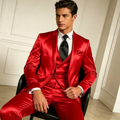 Luxury Men's Satin Suit 3 Piece Set Notch Lapel Slim Fit 1 Button Blazer Vest Pants for Formal Groom Groomsmen Prom Party