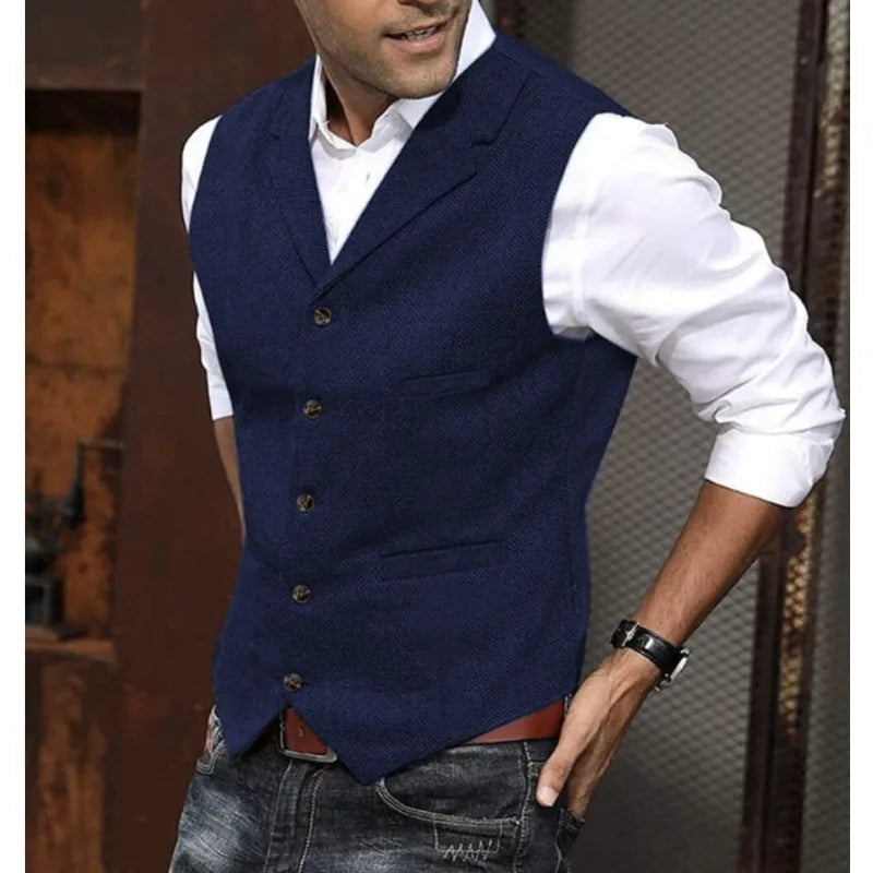 2026 Men's Business Woolen Suit Vest Fashionable British Retro Twill Vest Workwear Slim Fit Vest Elegant Classic Style Black