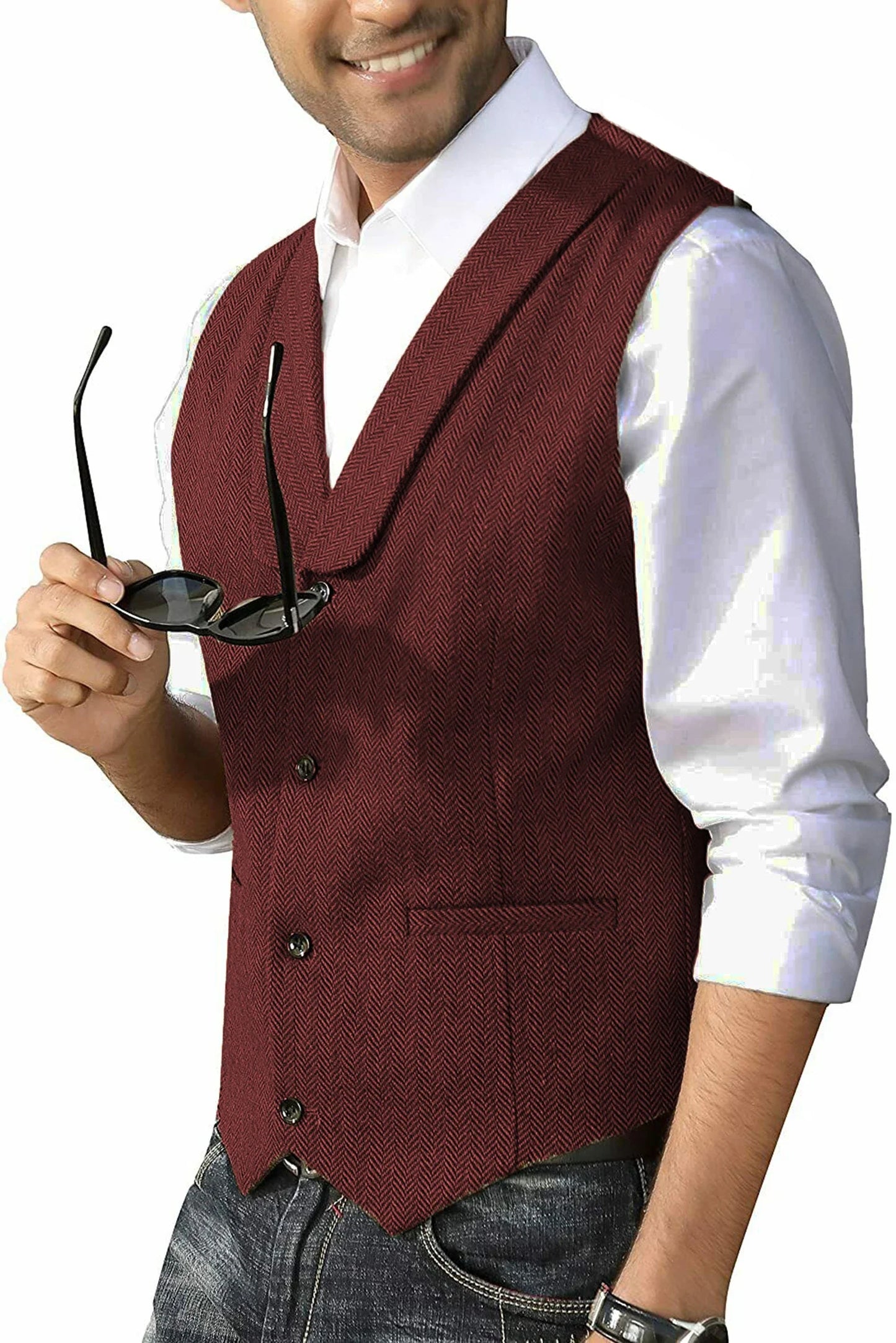 Men's Casual Suit Vest Shawl Lapel Wool Tweed Herringbone Dress Waistcoat for Wedding Party Dinner Herringbone Vests