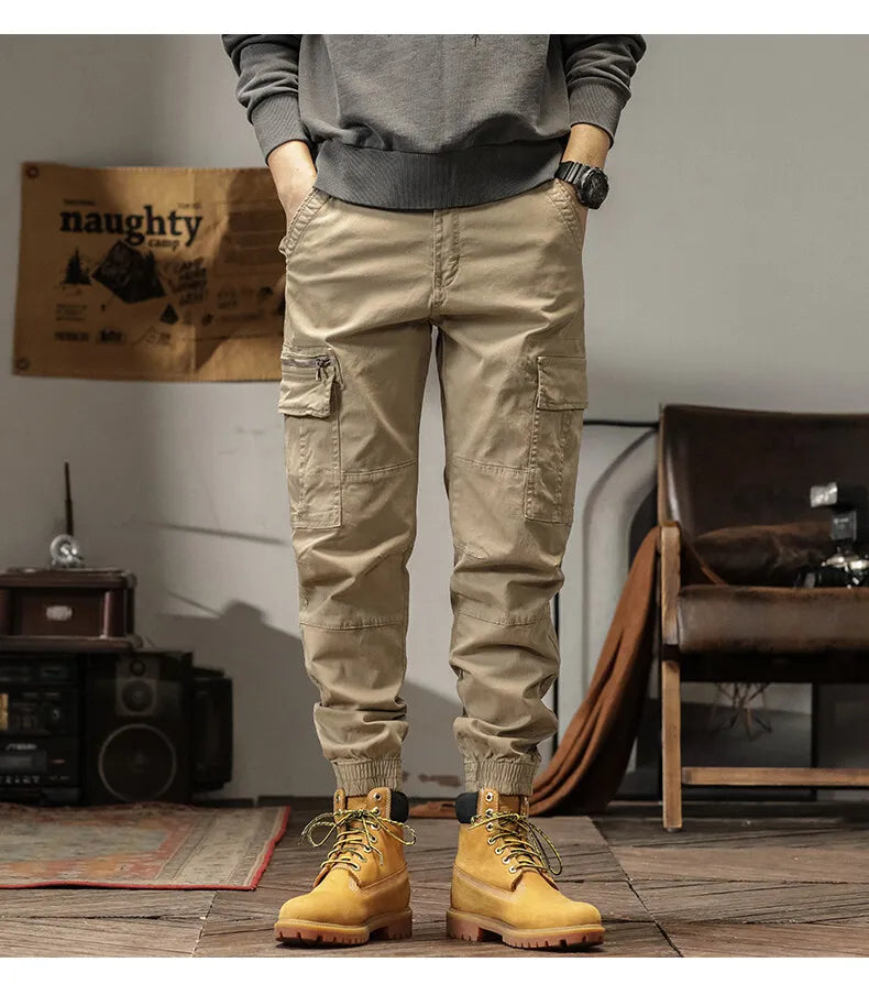Length Men's Cargo Pant Cotton Stretch Casual Camouflage Trouser Male Camo Cuff Jogger Multi Zip Pocket Outfit Zipper Tied