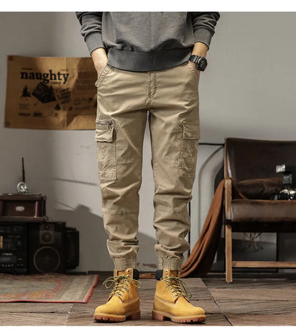 Length Men's Cargo Pant Cotton Stretch Casual Camouflage Trouser Male Camo Cuff Jogger Multi Zip Pocket Outfit Zipper Tied