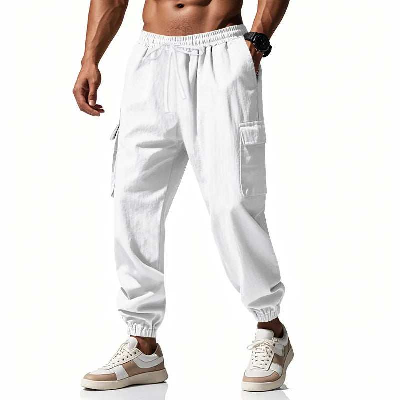 2026 New men's casual multi-pocket trousers male closed-placket tethered cotton and linen straight-leg leggings Men Mens