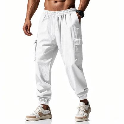 2026 New men's casual multi-pocket trousers male closed-placket tethered cotton and linen straight-leg leggings Men Mens