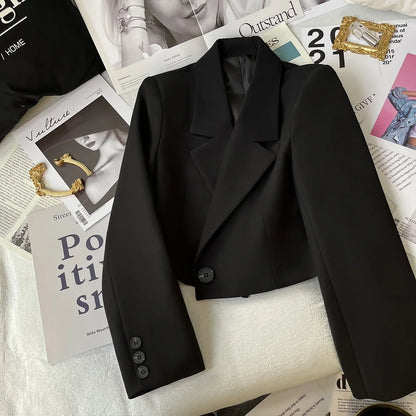 Autumn Solid Color Cropped Suit Jacket for Women Turn Down Collar Single Button Blazer Female Casual Office Lady Blazers Coat