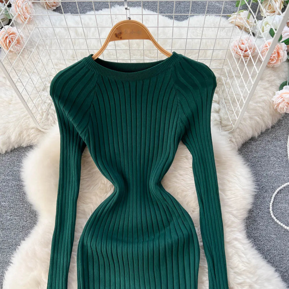 Winter Women Knit Maxi Dress O Neck Autumn Long Sleeve Slim Solid Harajuku Ladies Fashion Pencil Sweater Long Dresses