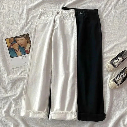 plus Size Women's Straight Leg Jeans High Waist Loose Fit Spring New Sle Slimming Wide Leg Student Long Trousers Trendy