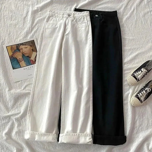 plus Size Women's Straight Leg Jeans High Waist Loose Fit Spring New Sle Slimming Wide Leg Student Long Trousers Trendy