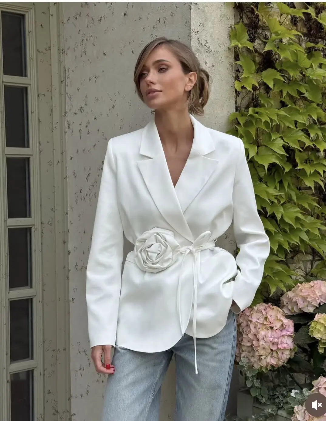 Women Notched Lapel Blazer with Floral Rose Belt Waist Tie Slim Long Sleeve Suit Jacket