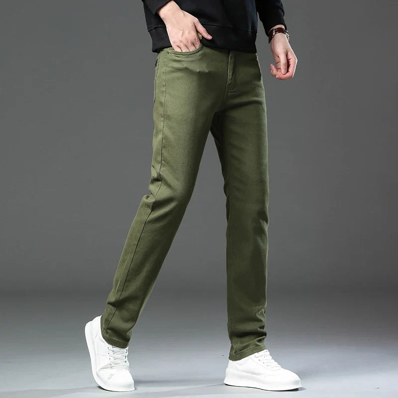 Large Size 42 44 Autumn 96% Cotton Men's Stretch Slim Jeans ArmyGreen Soft Comfortable Casual Straight Denim Pants Trousers