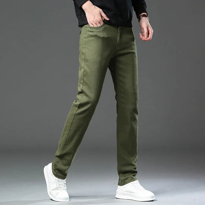 Large Size 42 44 Autumn 96% Cotton Men's Stretch Slim Jeans ArmyGreen Soft Comfortable Casual Straight Denim Pants Trousers