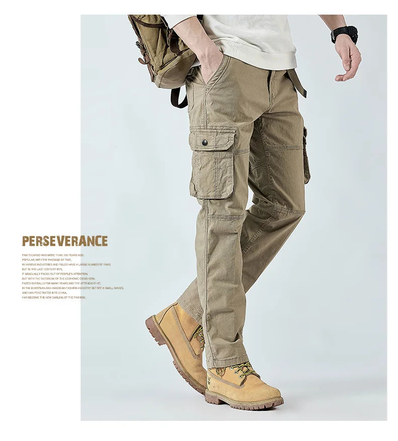 2026 Men's Cargo Pants Straight Leg Cotton Stretch Tactical Trouser Male Military Outdoor Camping Fishing Casual Work Wear Khaki