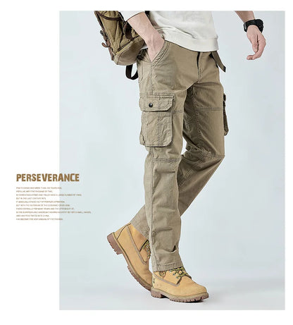 2026 Men's Cargo Pants Straight Leg Cotton Stretch Tactical Trouser Male Military Outdoor Camping Fishing Casual Work Wear Khaki