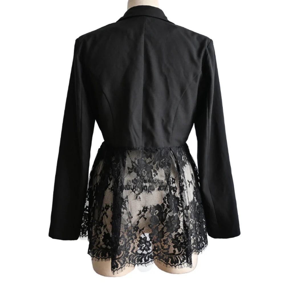 Women Color Block Blazer Lace Waist Slim Fit Office Suit Blazer Coat