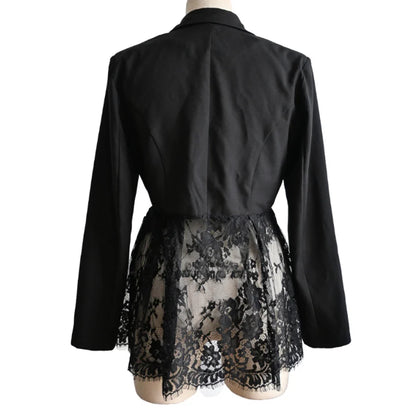 Women Color Block Blazer Lace Waist Slim Fit Office Suit Blazer Coat