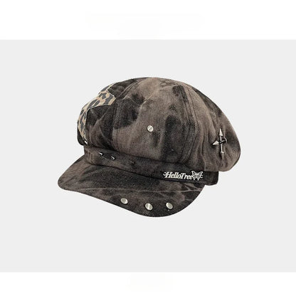 Punk Rivet Star Sticker Berets for Women Fashion Hip Hop Hats Versatile Retro Tie-dye Newsboy Hats