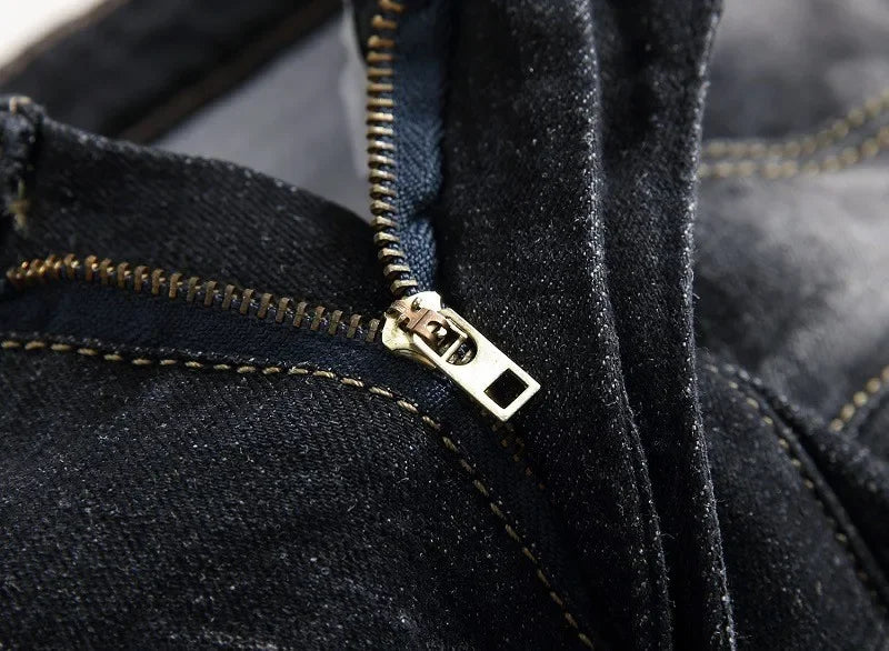 Zipper Pocket Retro Nostalgic Jeans Men's New Style High Street Motorcycle Fashion Stretch Slim Straight Denim Trousers Male