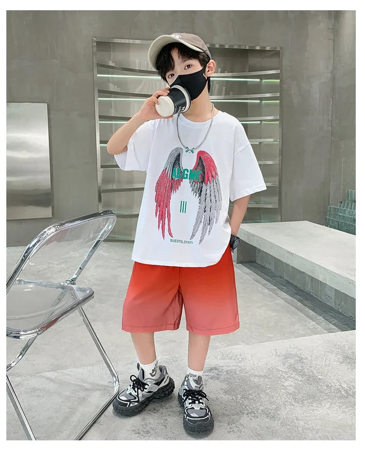 New Kids Boy Summer Clothing Set Cotton T-shirt With Wings Print + Shorts 2 Pieces Tracksuit Outfit for Child Suit Wear 5-14 T