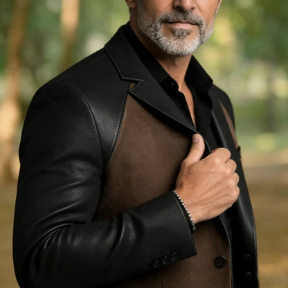 Retro Men's Faux Suede Jacket with PU Leather Collar & Shoulder 2 Buttons Two-Tone Blazer Contrast Trim Coat