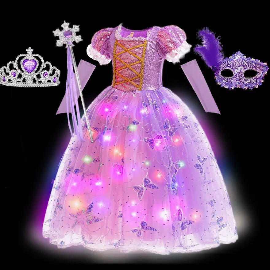 2026 Glowing Rapunzel Costume Girl LED Princess Ball Gown Christmas Light up Tangled Rapunzel Frock Toddler Girl Cosplay Dress
